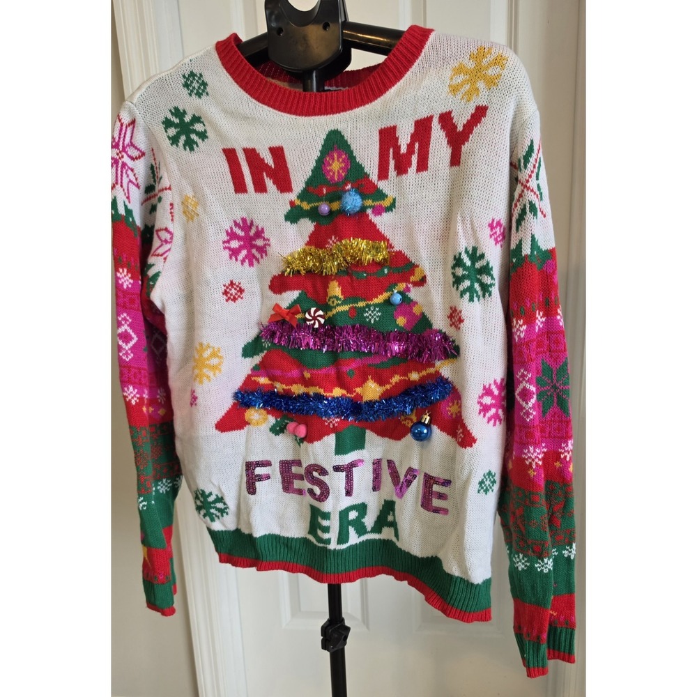No Boundaries "In My Festive Era" Christmas Sweater Size XXL (20) 3D Tinsel &...